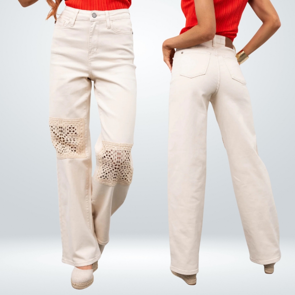Judy Blue Crochet Knee Straight Leg Jeans Decorative Embellishments Size 11/30